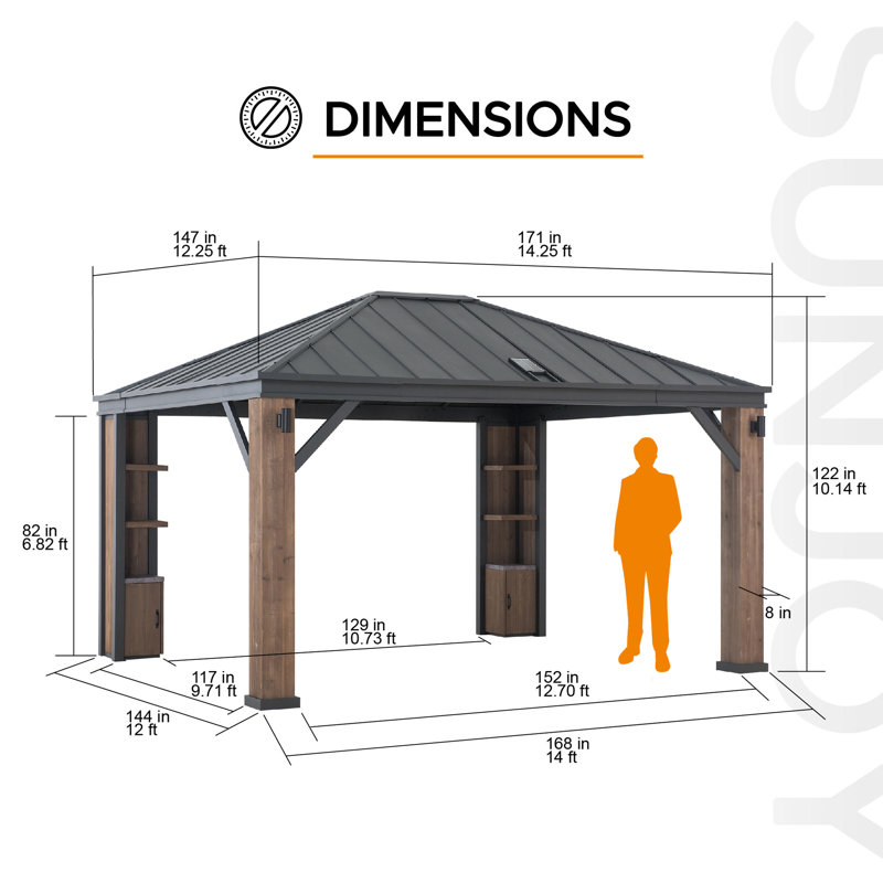 Pavillon de jardin en bois de cèdre à énergie solaire 12 pi x 14 pi avec éclairage à DEL, son Bluetooth et supports de rangement Sunjoy par Elmgrove