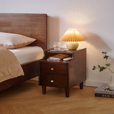 Solid Wood Nightstand With Two Drawers And Pull-Out Panel Storage Bedside Table And Sofa Side Table