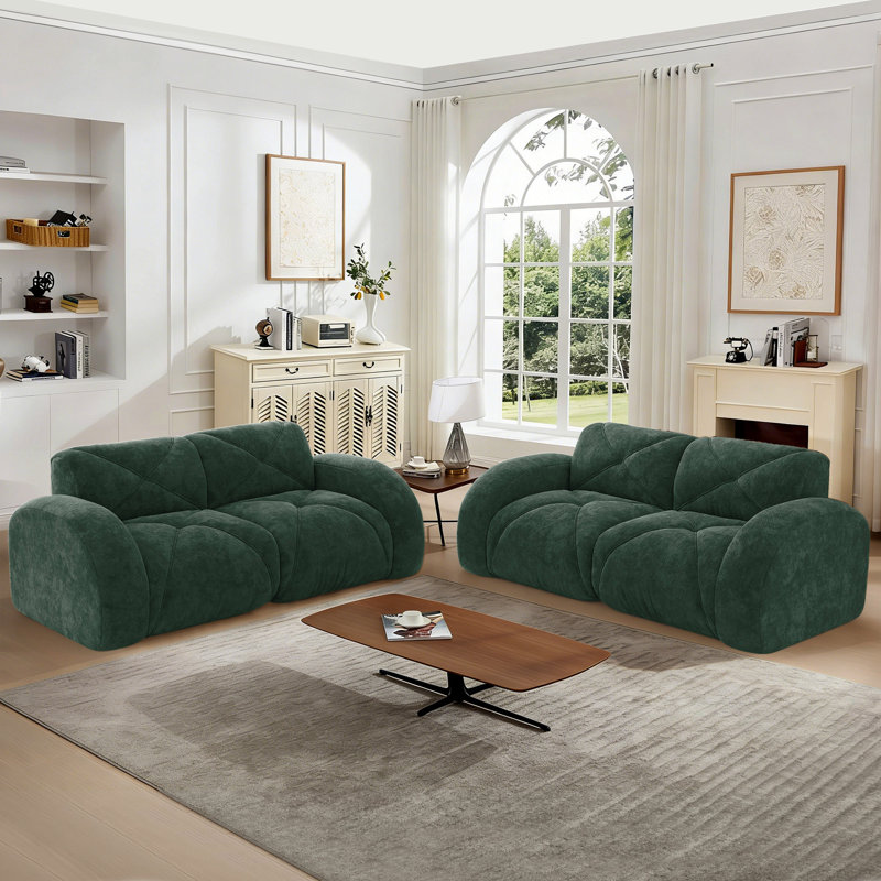 Ensemble de salon 2 pièces pour canapé 4 places en velours doux avec assise profonde, Vert
