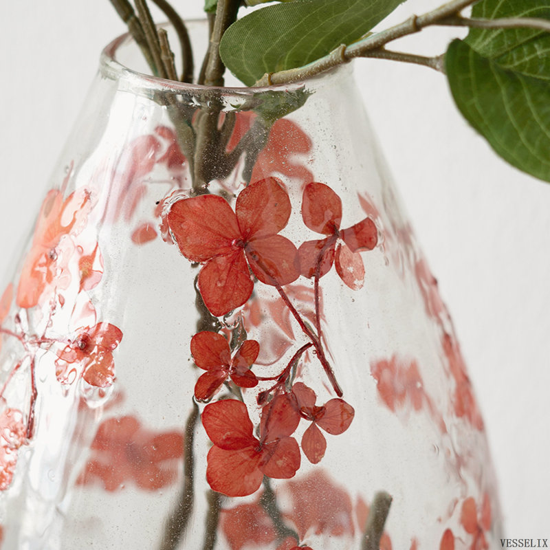 D6 "x 9,1" Vase rond en verre transparent avec motif de fleur rouge fantaisiste, élégant vase décoratif Home Decor