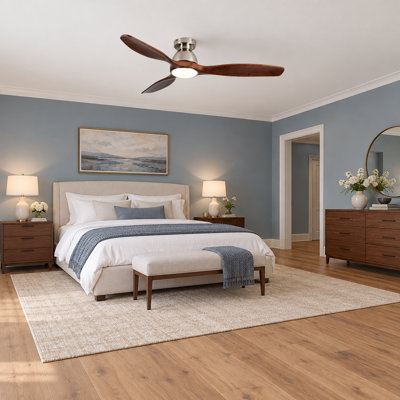 52-Inch Solid Wood Flush Mount Ceiling Fan with Light, 3 Blades, 6 Speeds, Remote and Wall Control
