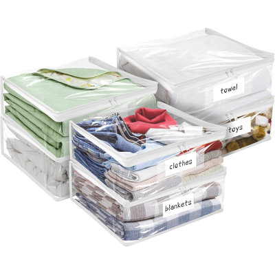 Lot de 6 sacs de rangement en plastique transparent avec fermeture éclair, en vinyle lisse, pour vêtements, literie, pulls, couettes, couvertures et draps, 40 x 35 x 10 cm, blanc transparent