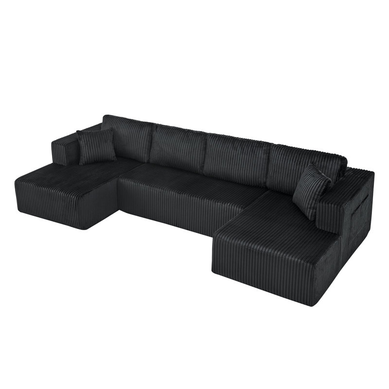 132" U Shaped Modular Sectional Sofa, Comfy Compressed Cloud Couch with Side Pockets, Modern Minimalist Corduroy Memory Foam Sleeper Sofa for Living Room, No Assembly Required,Black