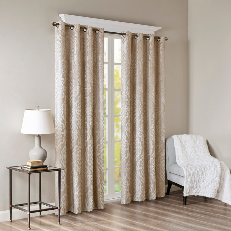 Knitted Jacquard Damask Total Blackout Grommet Top Curtain Panel(Only 1 Pc Panel), Champagne, 50" W x 95" L