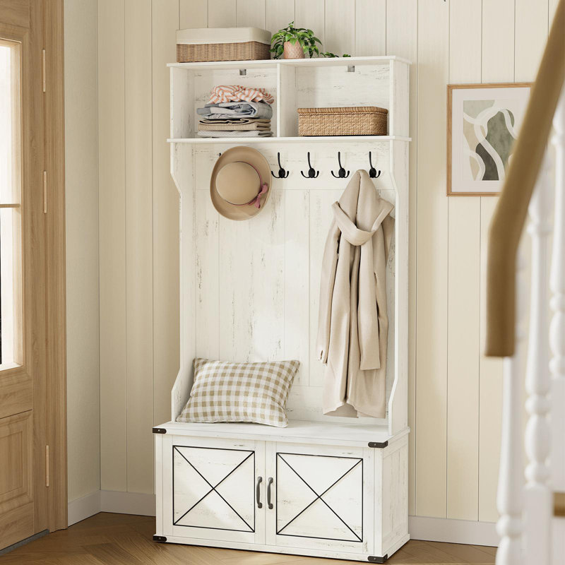 Arbre d'entrée Thirza de 39,4 po de largeur avec rangement pour chaussures, Blanc rustique