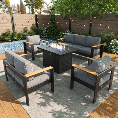 Outdoor Aluminum Furniture Set with Fire Pit Table, Modern Patio Conversation Sets for Porch, Backyard by Latitude Run