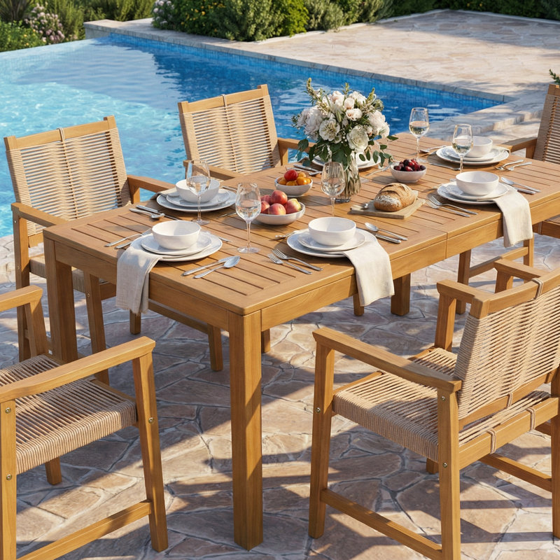  Classic 63"L Rectangular Outdoor Dining Table for Garden, Patio & Poolside, 6-Person - UV Resistant with Low Maintenance - Natural