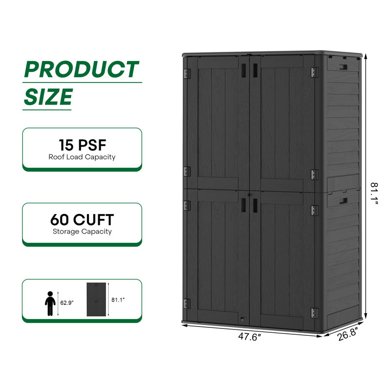 448 Gallon All-weather Outdoor Weather Resistance Resin Vertical Tool Shed, Black