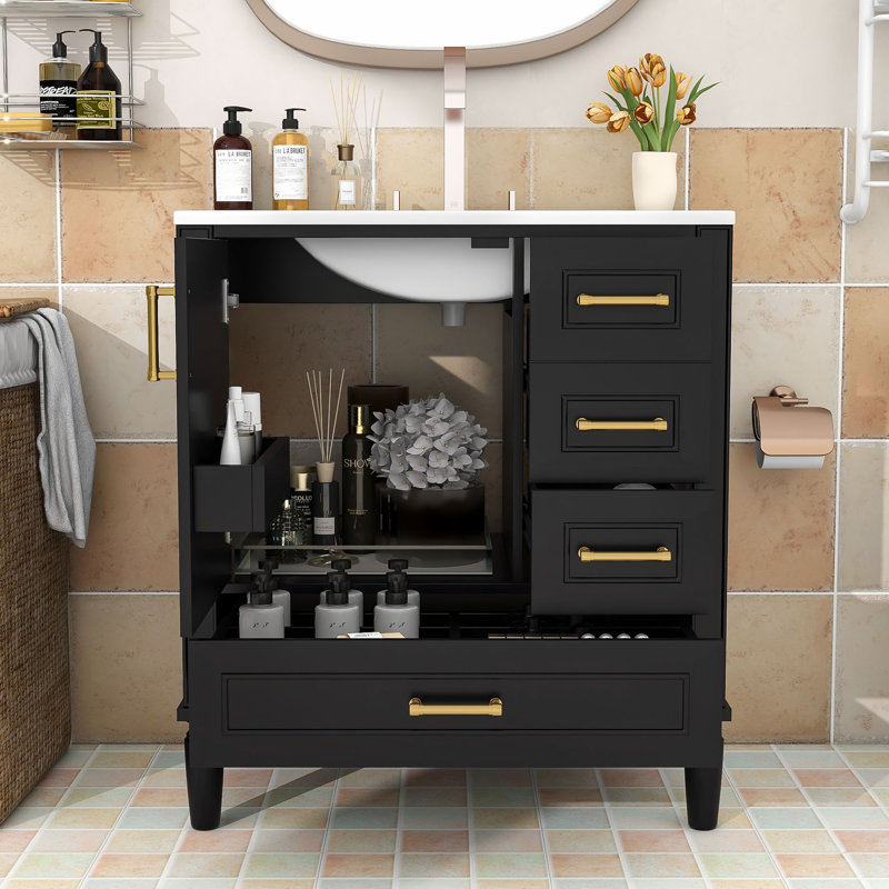 Meuble-lavabo simple autoportant en bois Genett avec grand rangement et lavabo en céramique, Noir, noir, noir, noir
