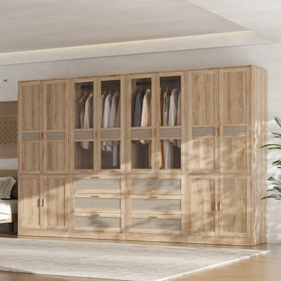 79.1" H x 126" W Farmhouse 4-Unit Extra Large Wardrobe Armoire with Rattan Accents, Glass Doors and Drawers