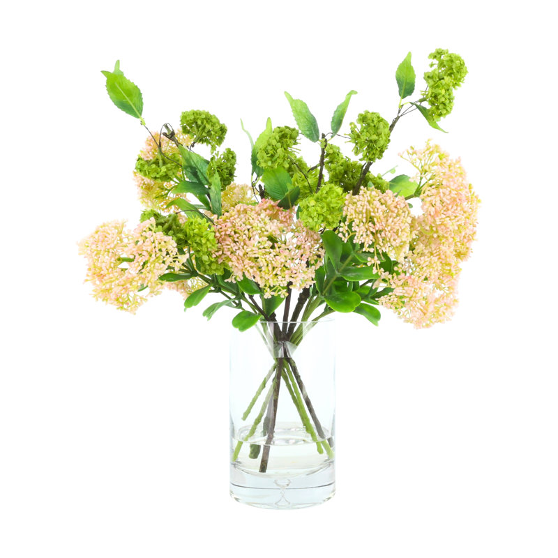 Organic Modern Faux Snowball Spray In Glass Vase, Pink/Green