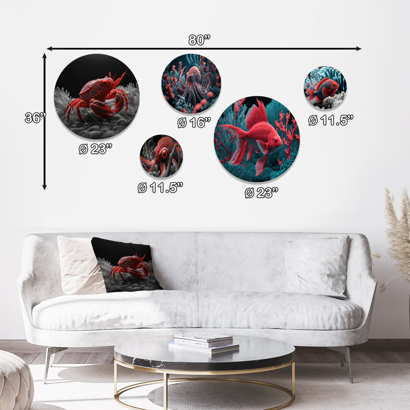 Ensemble de 5 décorations murales crabe rouge profond en rouge et noir VI