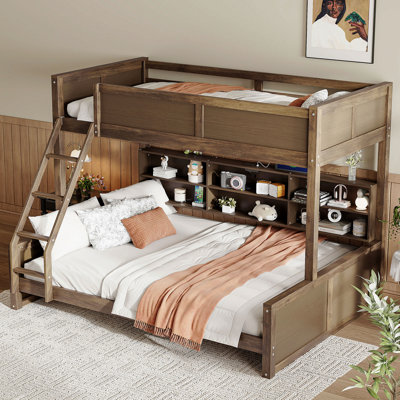 Twin Xl Over Queen Bunk Bed With Storage Cabinets And Usb Ports, Antique Wood Color