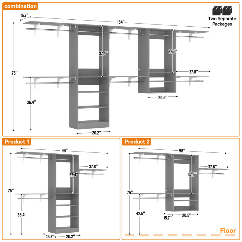 Système d'organisation 41 po x 154 po Seward avec tablettes et 8 tringles de suspension Seward, Gris