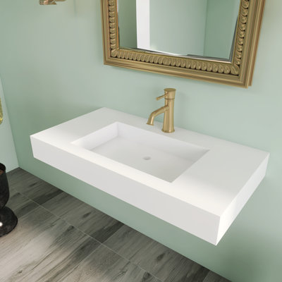 35''Solid Surface Wall Mount Bathroom Vessel Sink with Overflow In Matte White