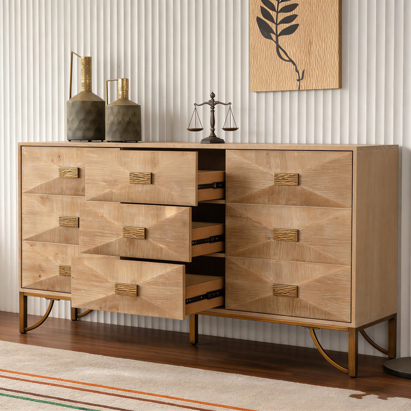 Storage Sideboard With 3 Drawers & 2 Doors, Light Wood & Geometric Design