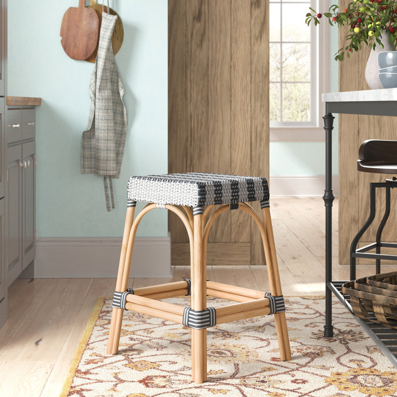 Lennart Counter/Bar Stool, White/Tan Dot / Natural Rattan Frame, Counter Stool (24.5" Seat Height)