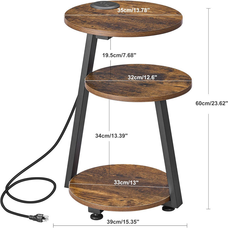 Round End Table Side Table with Metal Frame, Greige-charging Station, Rustic Brown