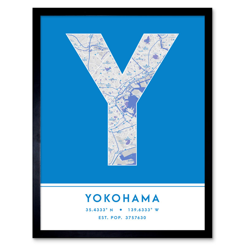 Yokohama City Map Yokohama Blue - Single Picture Frame Typography