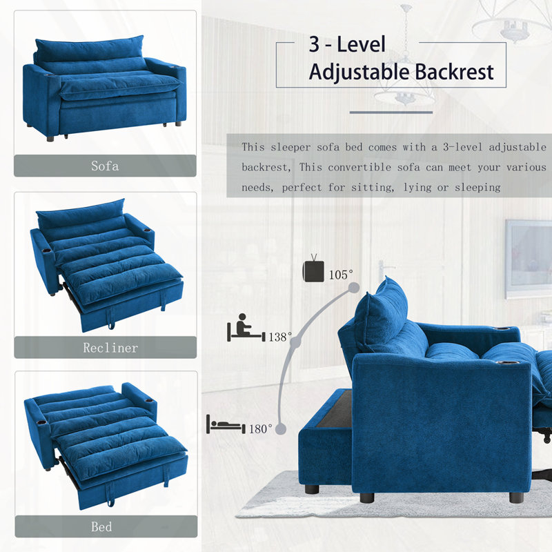 Lit escamotable 3 en 1 multifonctionnel en velours, Bleu