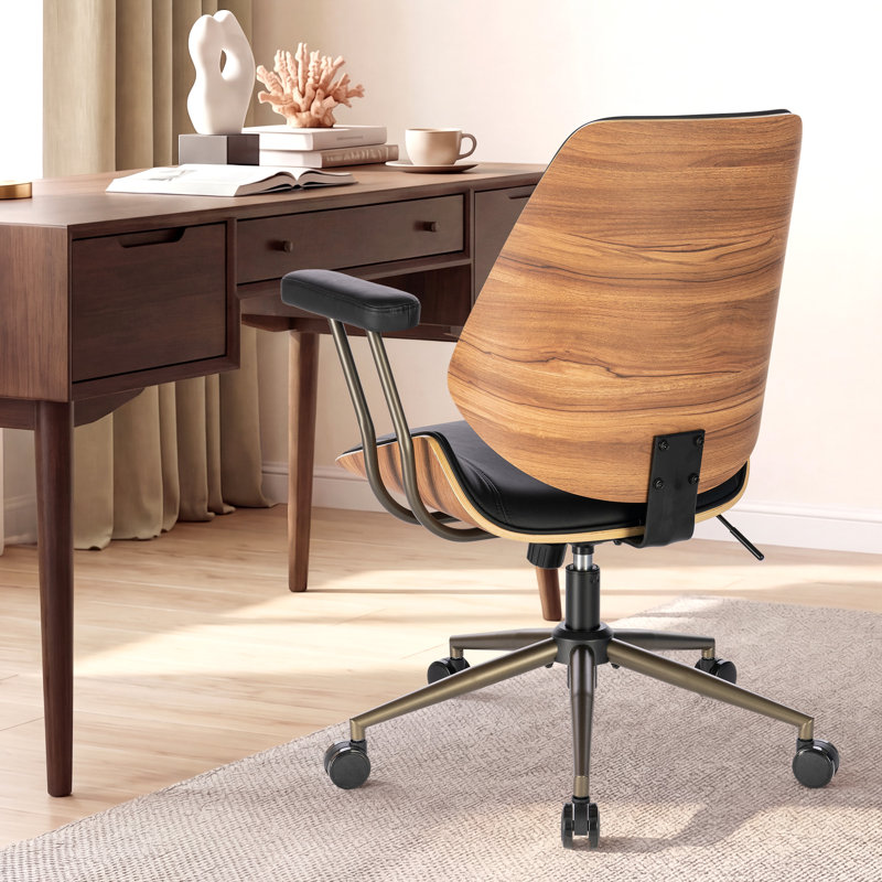 Mid-Century Modern Ergonomic Office Chair with Wood Back, Faux Leather Swivel Desk Chair with Adjustable Height, Black