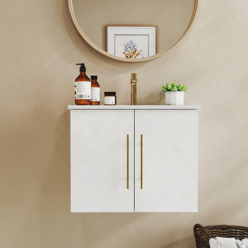 Meuble-lavabo mural avec lavabo double et charnières à fermeture en douceur, Blanc lustré