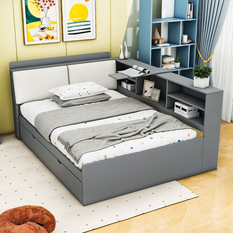 Lit plateforme en bois avec lit gigogne, tablettes et tête de lit, Complète, gris