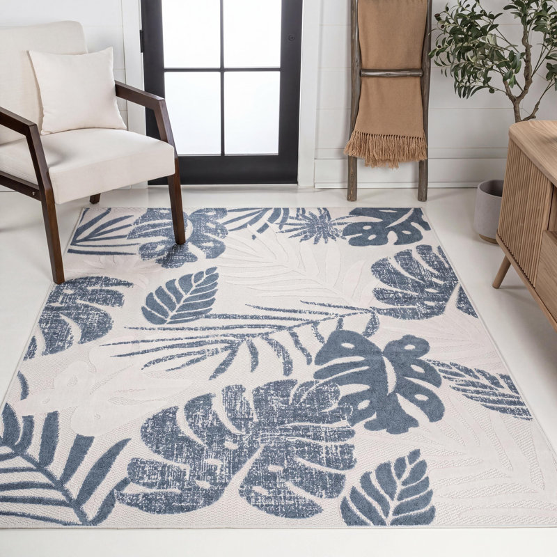 Tapis d'intérieur / extérieur Monstera, Cream/Dark Blue, Rectangle 7 pi 9 po x 10 pi