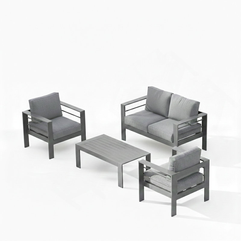 Ensemble de conversation moderne en aluminium 4 pièces pour patio, canapé 4 places avec coussins épais et table basse