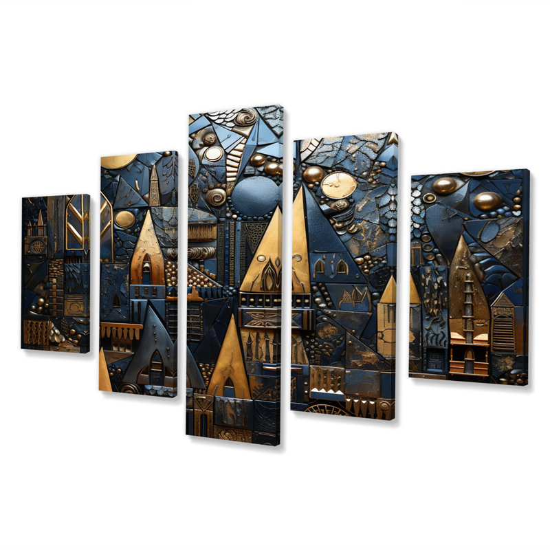 Paysage urbain 3D avec château en or et bleu rétro - reproduction d'art abstrait paysage - 5 panneaux