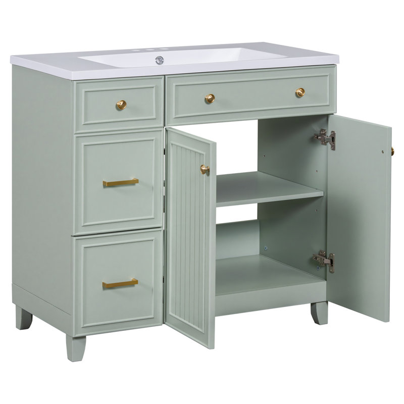 Meuble-lavabo avec lavabo en résine, armoire de salle de bain avec tablette de rangement réglable et portes à fermeture en douceur