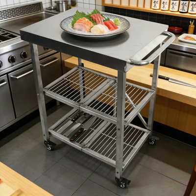 Foldable Stainless Steel Kitchen Cart On Wheels, Origami Design Rolling Cart With Storage, Portable Mobile Kitchen Island For Microwave, Prep Station, And BBQ