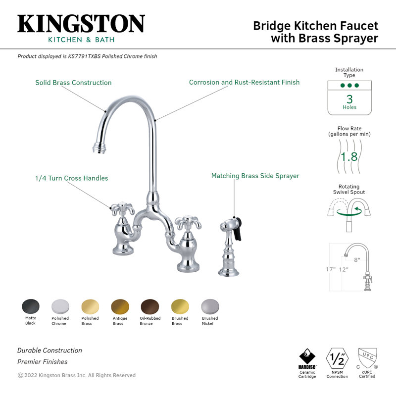 Kingston Brass French Country Two-Handle 3-Hole Deck Mount Bridge Kitchen Faucet with Brass Side Sprayer, Brushed Nickel