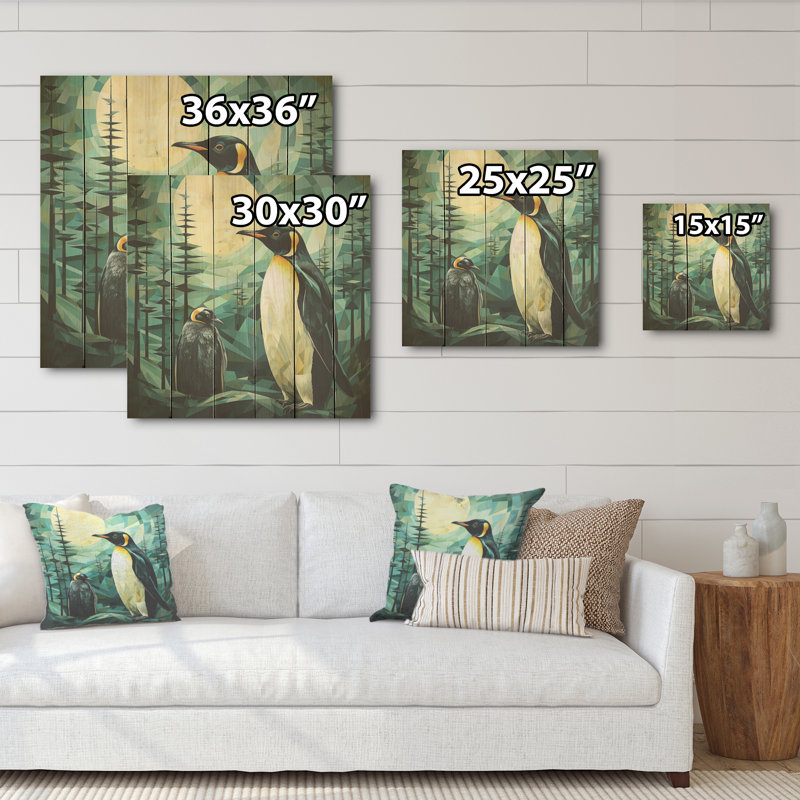 Forêt de pingouins au coucher du soleil I - Art sur bois de pin pingouin naturel, H 36 po x l 36 po