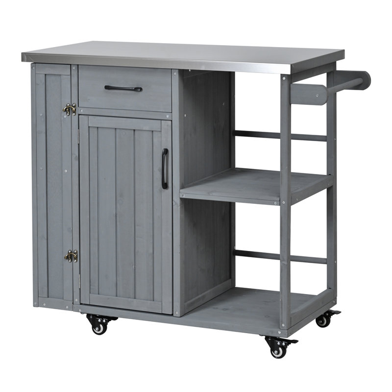 Kitchen Island Fir Wood Prep Station Lockable Kitchen Cart with Stainless Top, Gray
