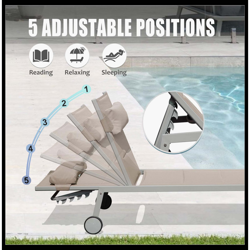 Outdoor Patio Chaise Lounge Set Of 3, Durable Aluminum Pool Lounge Chairs With Side Table & Lockable Wheels, PVC-coated polyester Padded Adjustable Recliners With All-Weather Resistance For Poolside, Beach, Yard & Balcony (Khaki)