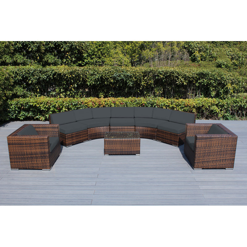 Billyjo Wicker 7 - Person Curved Seating Group with Cushions - No Assembly, Polyester Gray, Mixed Brown