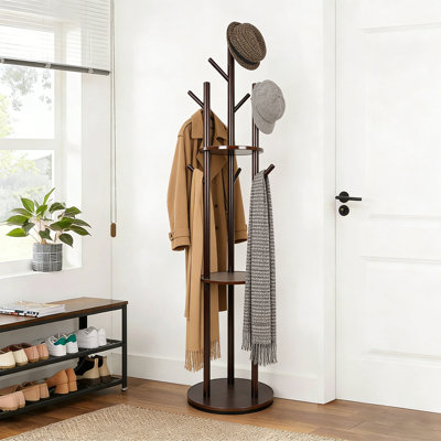 Rotating Wooden Coat Rack With Shelves, 64.8" H Freestanding Hall Tree