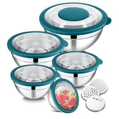 Mixing Bowls Set Of 5, Stainless Steel Salad Mixing Bowl With Transparent Lid, Metal Nesting Bowl Attach With 3 Graters For Kitchen Prepping/Serving/Baking/Storage, 4.6/2.6/1.5/1/0.7 QT - Blue