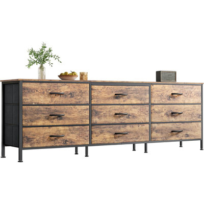 Commode de 63 pouces pour la chambre à coucher, commode pour placard à 9 tiroirs, grand meuble télé pour téléviseur de 55, 65 ou 70 pouces, centre de divertissement avec rangement, grande commode longue, brun rustique