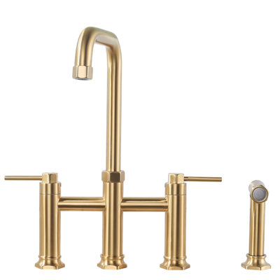 Brass 2-Handle Bridge Kitchen Faucet With Brass Side Sprayer 4-Hole Deck Mount Kitchen Faucet