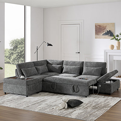 Modular Sectional Pull-Out Sofa, L Shape Sofa With Free Movement Storage Ottoman