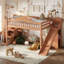Lit mezzanine double en bois massif noyer avec glissade, escalier de rangement, armoire intégrée et barrière de sécurité pleine longueur pour enfants et adolescents
