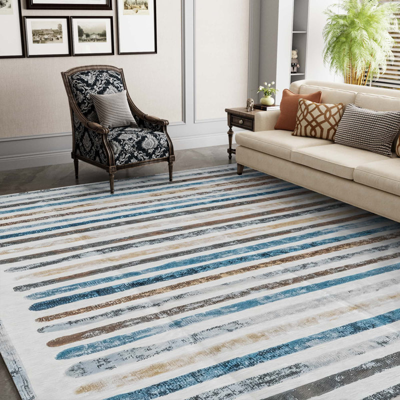 Non-Slip Machine Washable Colorful Modern Striped Area Rug in Blue/Brown/Yellow/Cream for Living Room, Bedroom, Hallway Runner Indoor Rugs