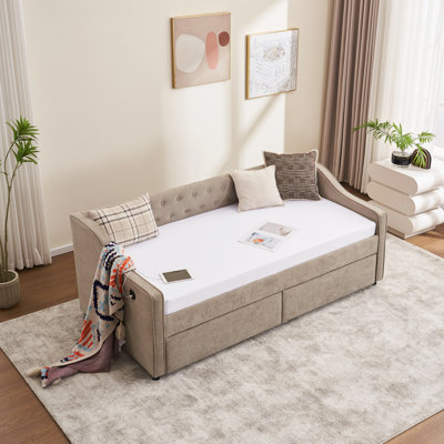 Lit de jour rembourré avec tiroirs de rangement, cadre de lit en bois massif avec support en velours et lattes de bois pour la chambre à coucher, le salon et le bureau