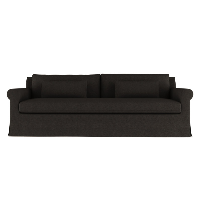 Ludlow Rolled-Arm Skirted Sofa, Plush Velvet Chocolate, Weathered, 34" H x 96" W x 38" D