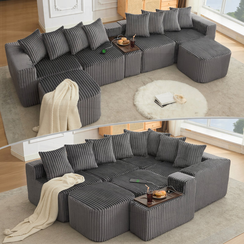 Canapé en U en velours côtelé avec charge USB et sans fil, table basse, porte-gobelet et repose-pieds mobile pour une assise confortable