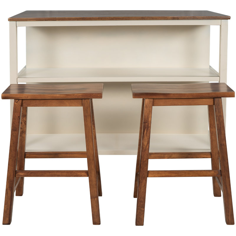 Solid Wood Rustic 3-Piece Stationary Kitchen Island Set With 2 Seatings, Rubber Wood Butcher Block Dining Table Set Prep Table Set With 2 Open Shelves For Small Places