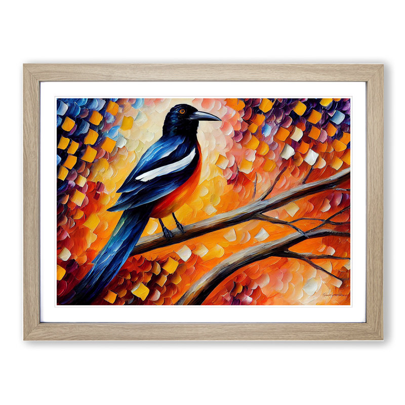 Magpie Bird Vol.3 Abstract - Single Picture Frame Painting, 25cm H x 34cm W x 2cm D, Oak