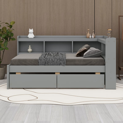 L-Shaped Solid Wood Corner Bed Frame With Integrated Bookcase, Built-In Power Outlets, USB Charging And Storage Drawers